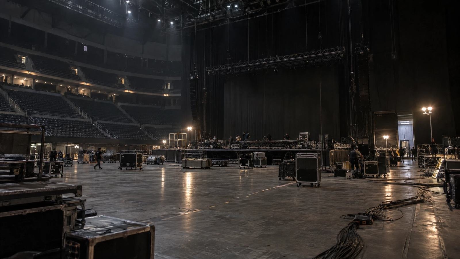 A stage floor during a stripped-back fictional arena load-out.