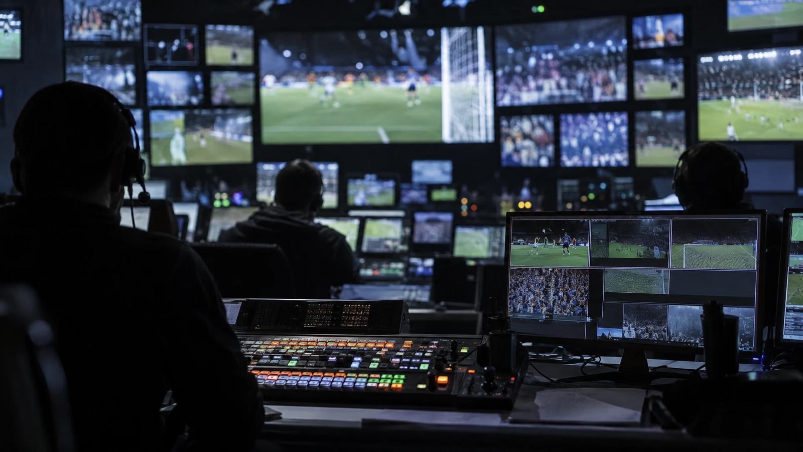 Monitors glow in a fictional sports broadcast control room.
