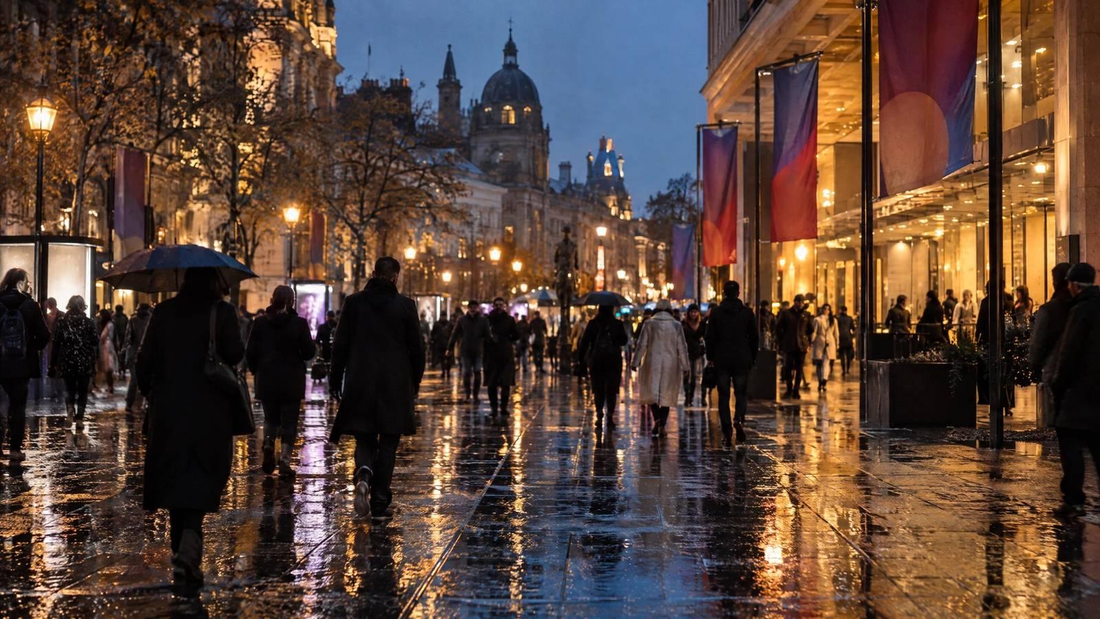 Festivalgoers move through a rain-slicked street at dusk.