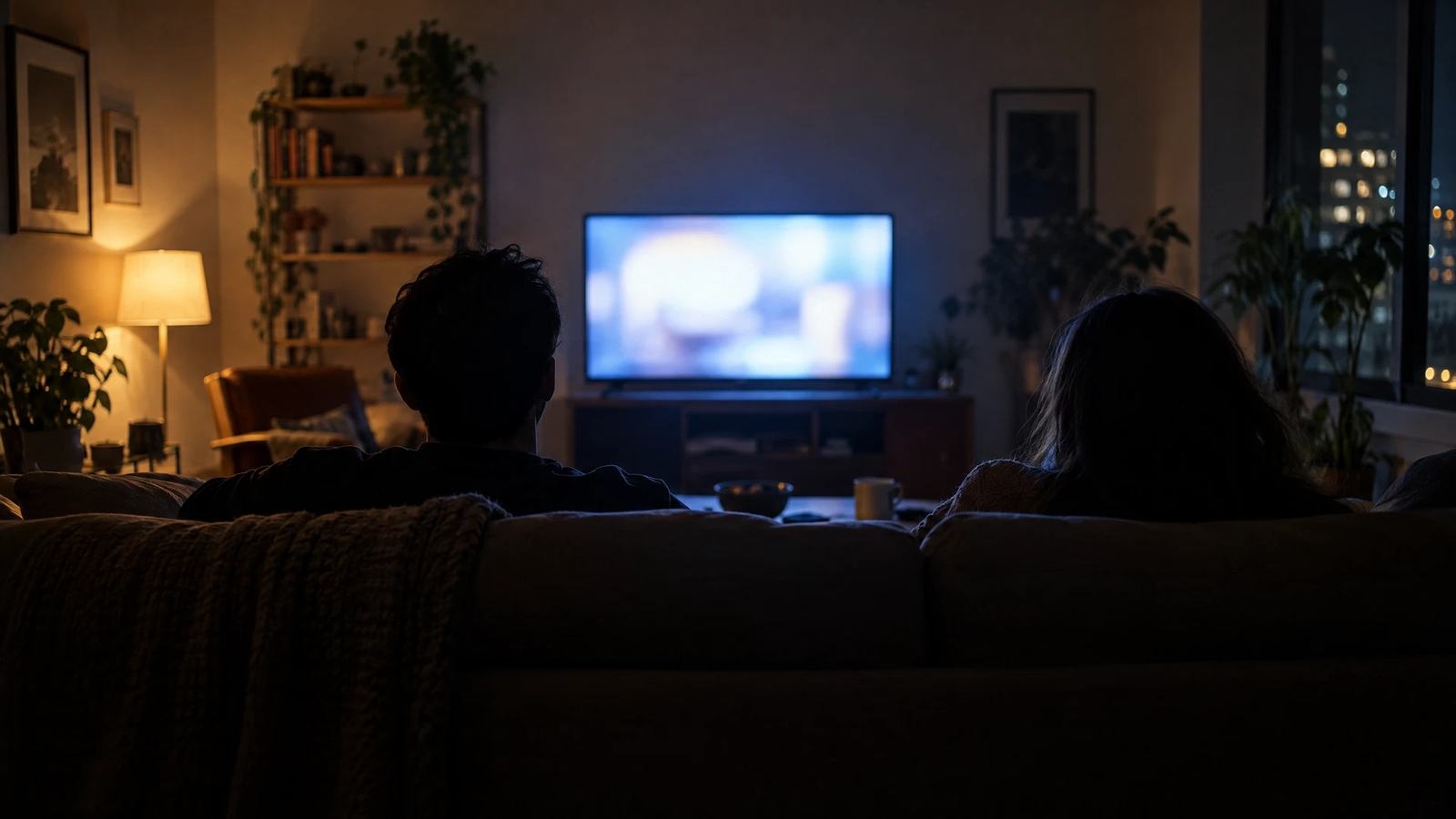 A television lights a living room where the conversation happens elsewhere.