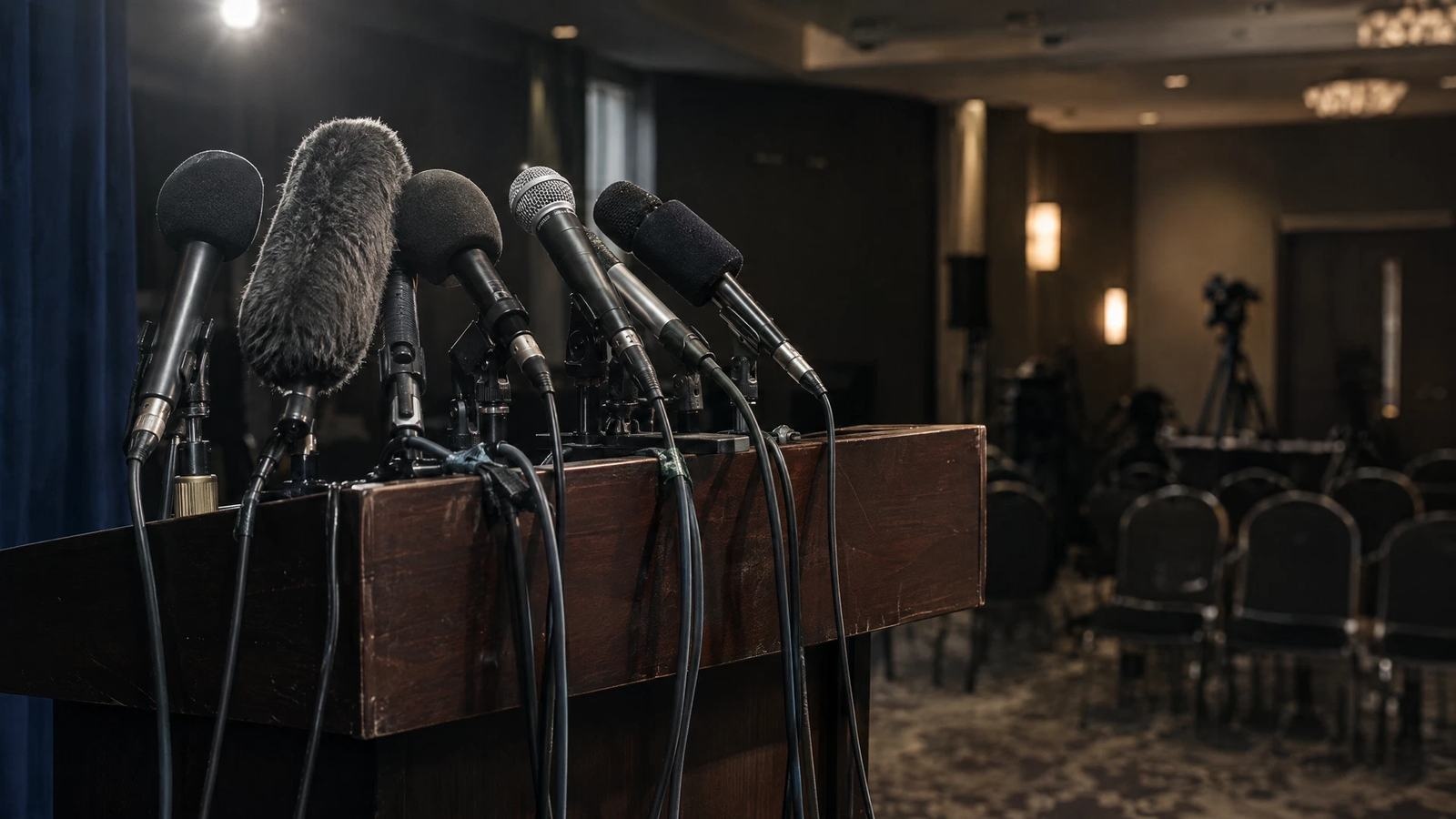 An empty podium before a fictional press event in Manhattan.