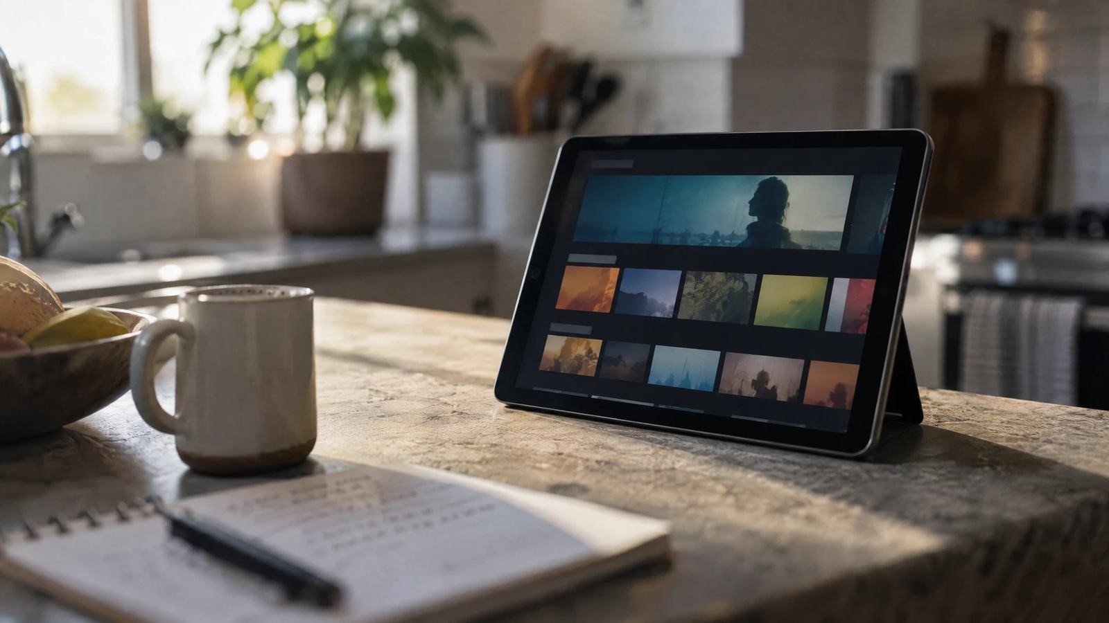 A tablet streams a generic interface on a kitchen counter.