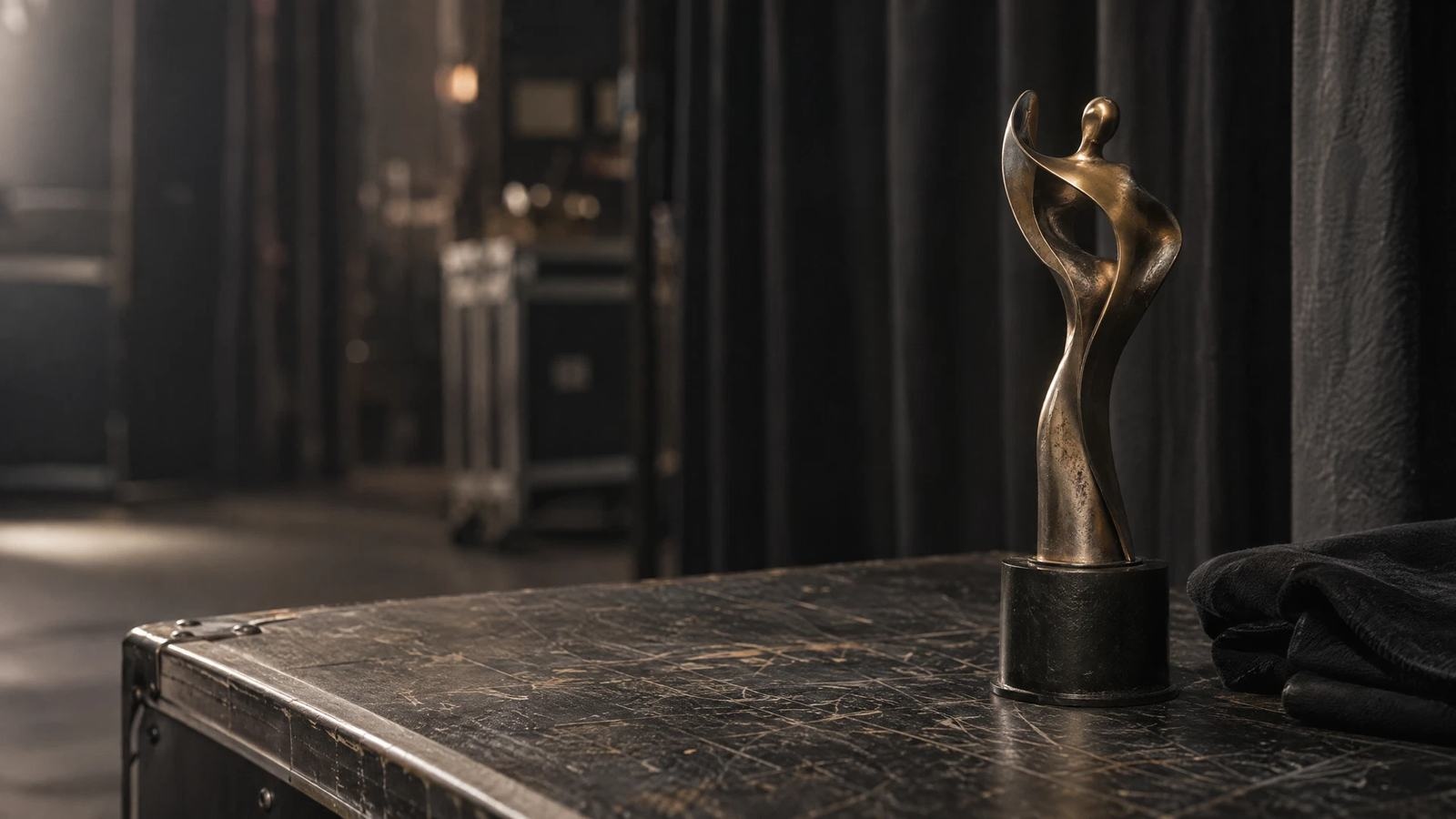A fictional awards statuette sits backstage before an industry dinner.